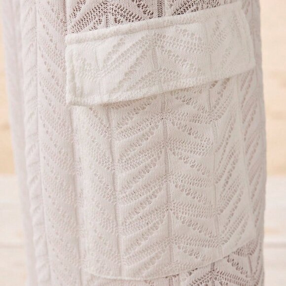 White Casual Women's Textured Drawstring Waist Wide Leg Pocket Beach Pants - Picture 3 of 6